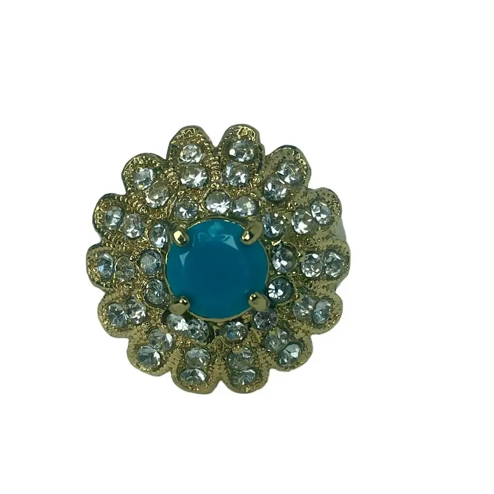 Gold and Blue Rhinestone Statement Ring - Size 8